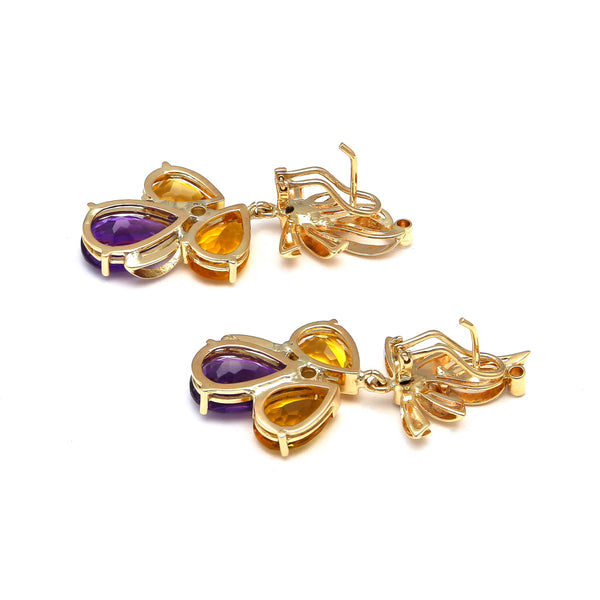 Aretes estilizados con amatista, citrinos y circonias en oro amarillo 14 kilates.