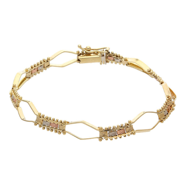 Pulsera eslabón combinado en oro tres tonos 14 kilates.