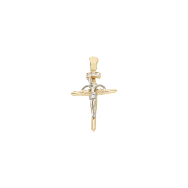 Crucifijo diseño especial con circonias en oro dos tonos 14 kilates.