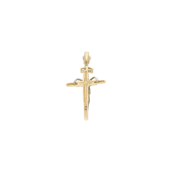 Crucifijo diseño especial con circonias en oro dos tonos 14 kilates.