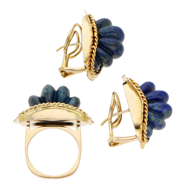 Juego de anillo y aretes diseño especial con lapislazuli en oro amarillo 14 kilates.