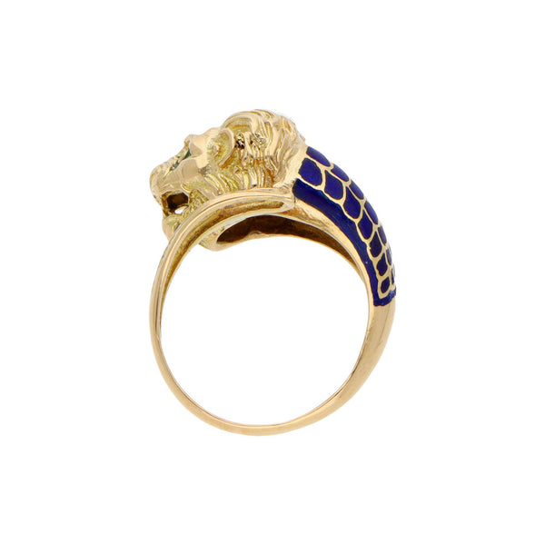 Anillo estilizado motivo felino con esmalte en oro amarillo 18 kilates.