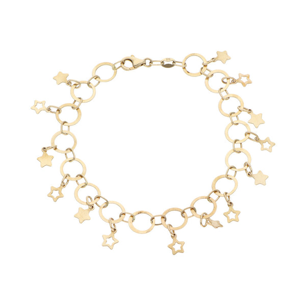 Pulsera eslabón cruzado combinado con catorce dijes motivo estrellas en oro amarillo 14 kilates.