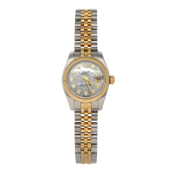 Reloj Rolex para dama modelo Oyster Perpetual DateJust vistas en oro amarillo 18 kilates.