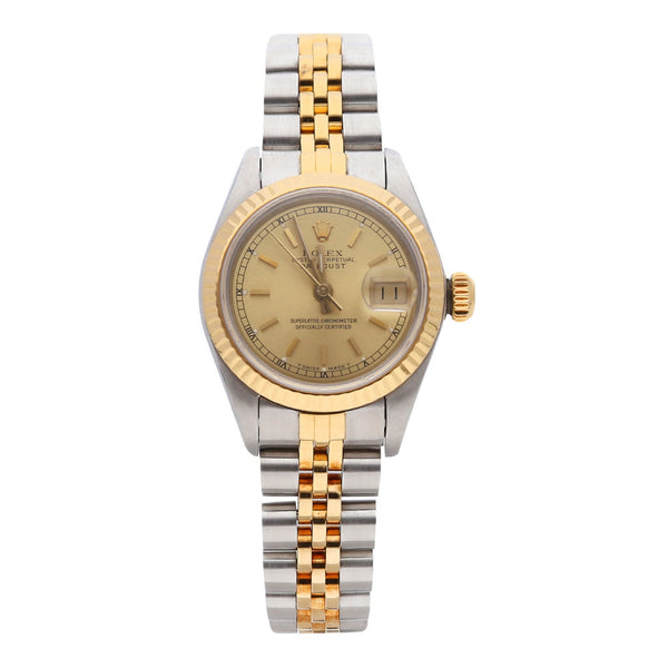 Reloj Rolex para dama modelo Oyster Perpetual DateJust vistas en oro amarillo 18 kilates.