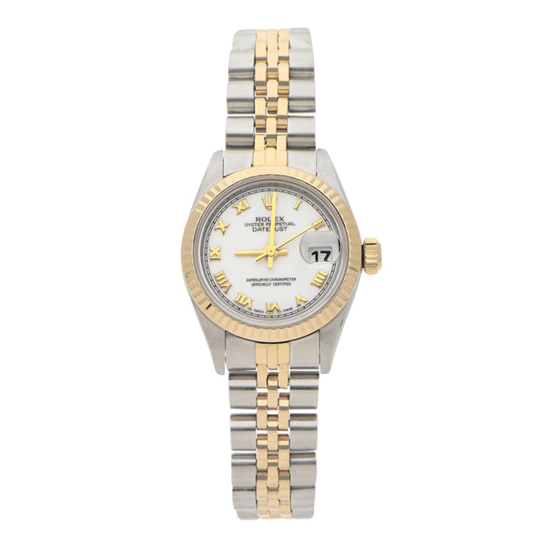 Reloj Rolex para dama modelo Oyster Perpetual DateJust vistas en oro amarillo 18 kilates.