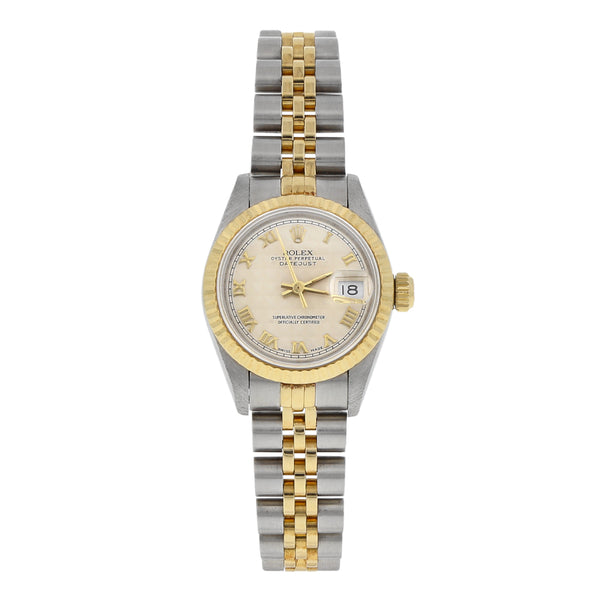 Reloj Rolex para dama modelo Oyster Perpetual DateJust vistas en oro amarillo 18 kilates.