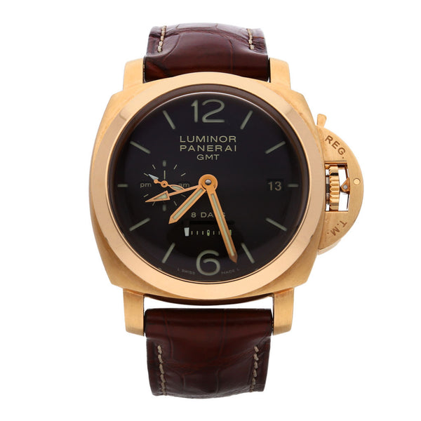 Reloj Panerai para caballero modelo Luminor GMT caja en oro amarillo 18 kilates.