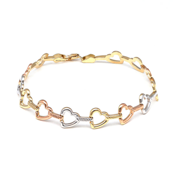 Pulsera eslabón combinado motivo corazones en oro amarillo 14 kilates.