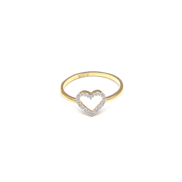 Anillo calado motivo corazón con circonias en oro amarillo 14 kilates.