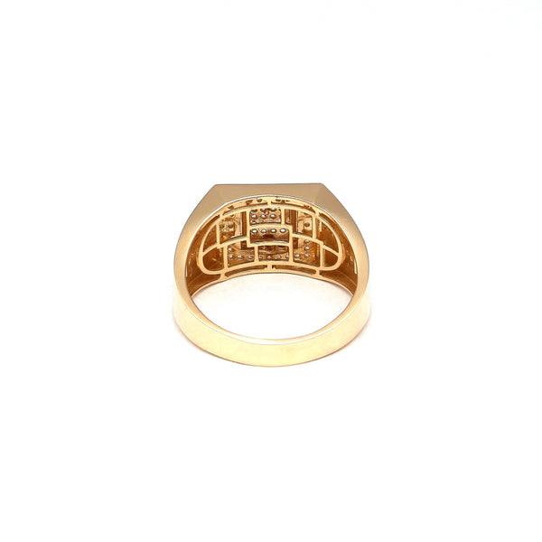 Anillo tipo sello con circonias en oro amarillo 14 kilates.