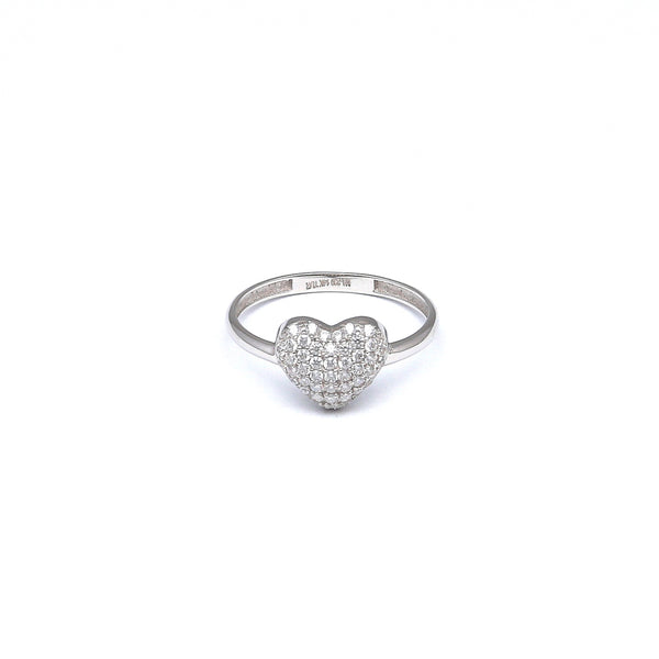 Anillo diseño especial motivo corazón con circonias en oro blanco 14 kilates.