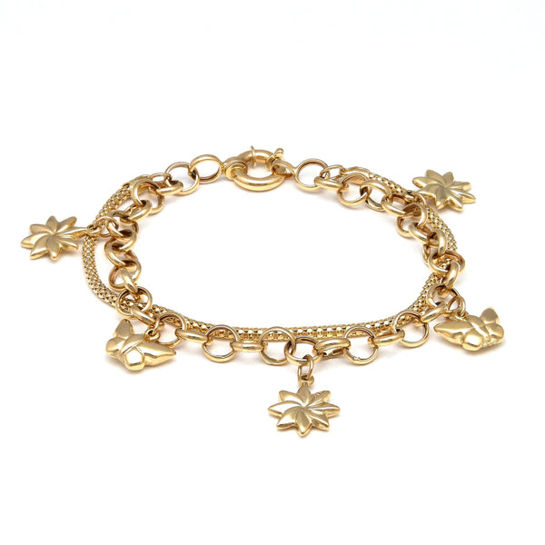 Pulsera dos hilos eslabón combinado con colgantes motivo floral y mariposa en oro amarillo 14 kilates.