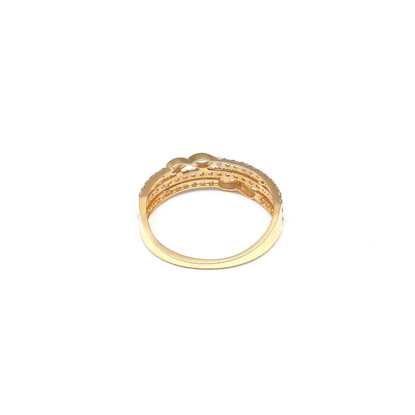 Anillo diseño especial motivo infinito con circonias en oro amarillo 14 kilates