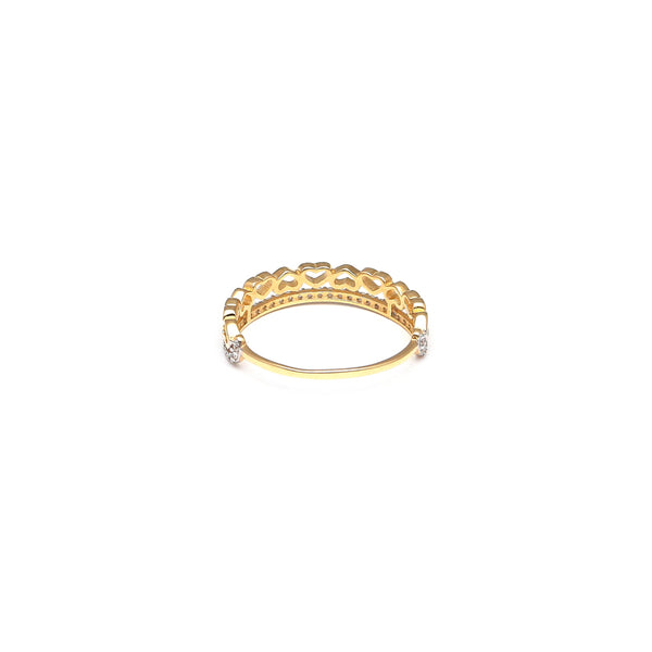 Anillo diseño especial motivo corazones con circonias en oro amarillo 14 kilates.