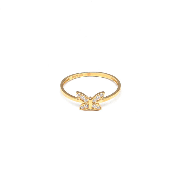 Anillo estilizado motivo mariposa con circonias en oro amarillo 14 kilates.