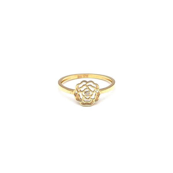 Anillo calado motivo flor con circonia en oro amarillo 14 kilates.