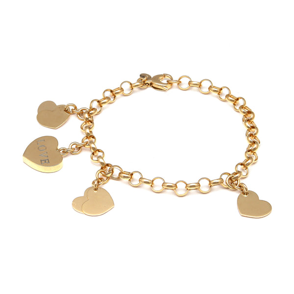 Pulsera eslabón cruzado con colgantes motivo corazón en oro amarillo 14 kilates.