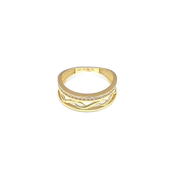 Anillo calado con circonias en oro amarillo 14 kilates.