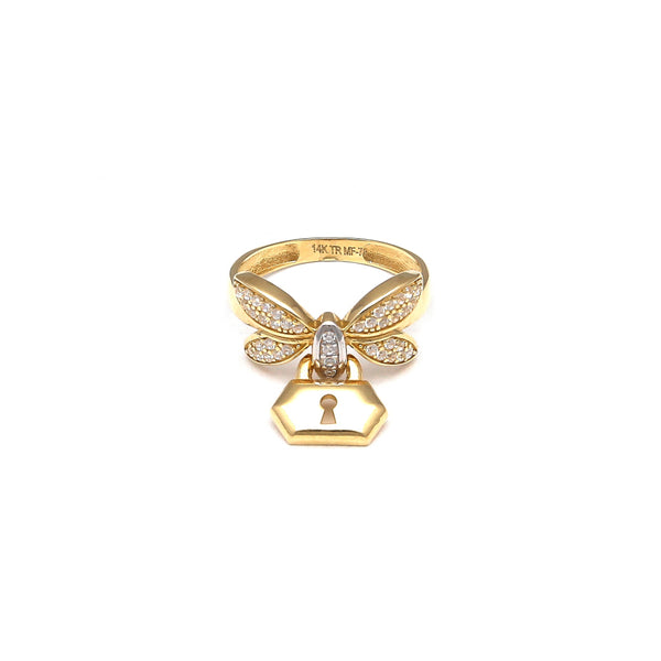 Anillo estilizado motivo mariposa con candado y circonias en oro amarillo 14 kilates.