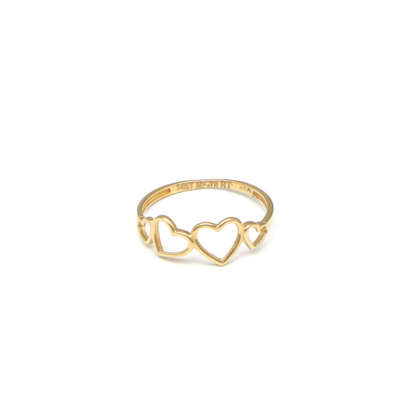 Anillo calado motivo corazones en oro amarillo 14 kilates.