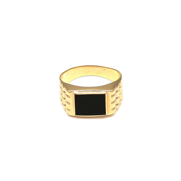 Anillo tipo sello con sintético en oro amarillo 14 kilates.