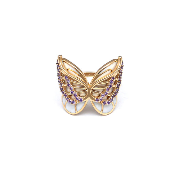 Anillo diseño especial motivo mariposa con sintéticos y esmalte en oro amarillo 14 kilates.