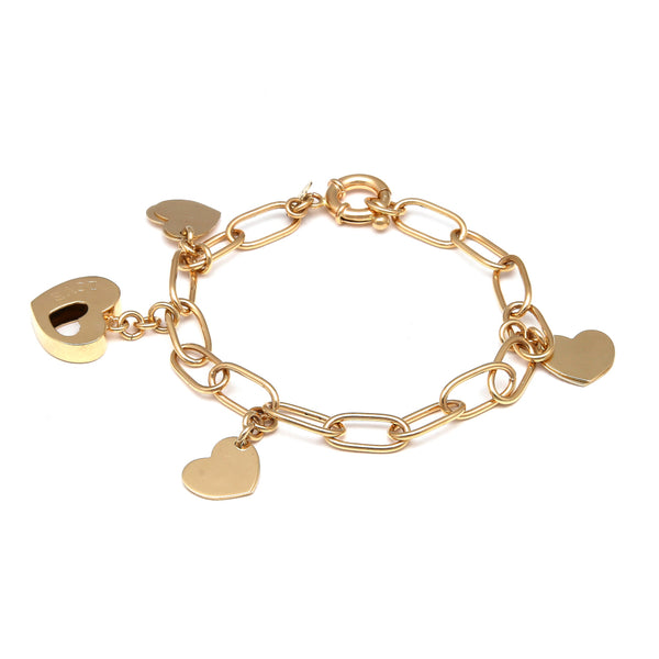 Pulsera eslabón cruzado con colgantes motivo corazón en oro amarillo 14 kilates.