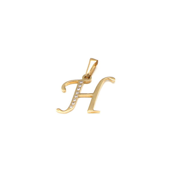 Dije diseño especial motivo letra H con circonias en oro amarillo 14 kilates.