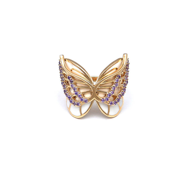 Anillo diseño especial motivo mariposa con sintéticos y esmalte en oro amarillo 14 kilates.