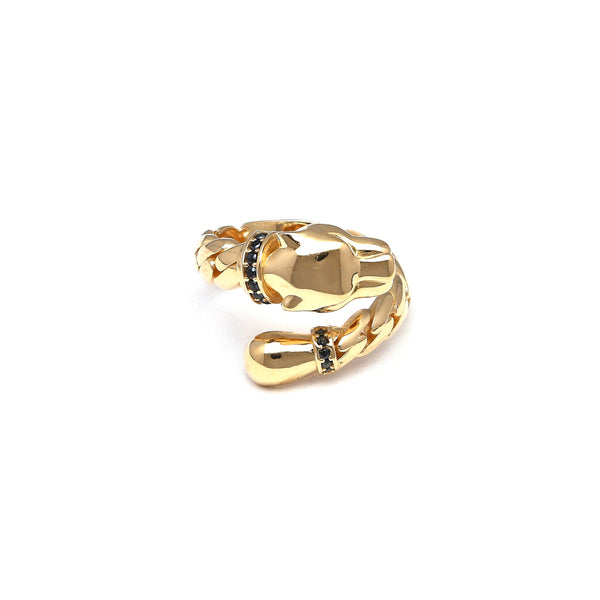 Anillo abierto motivo felino con sintéticos en oro amarillo 14 kilates.