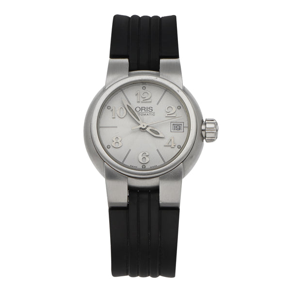 Reloj Oris para dama caja acero inoxidable correa caucho.