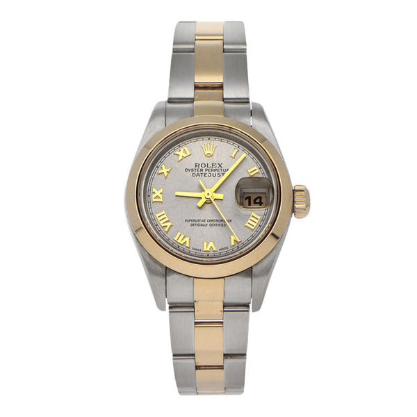 Reloj Rolex para dama modelo Oyster Perpetual DateJust vistas en oro amarillo 18 kilates.