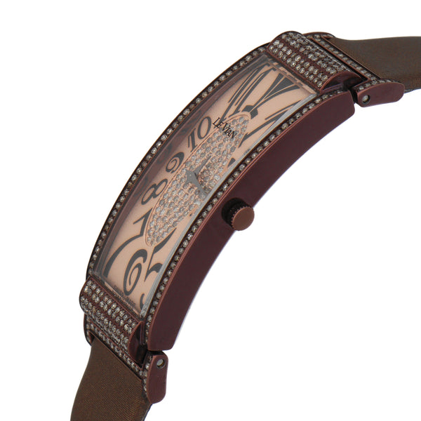 Reloj Le Vian para dama en acero PVD correa textil con piel.