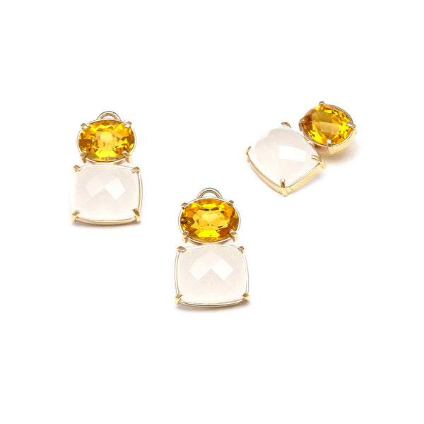 Juego de aretes y dije estilizados con citrinos y piedra de luna en oro amarillo 14 kilates.