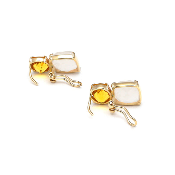 Juego de aretes y dije estilizados con citrinos y piedra de luna en oro amarillo 14 kilates.