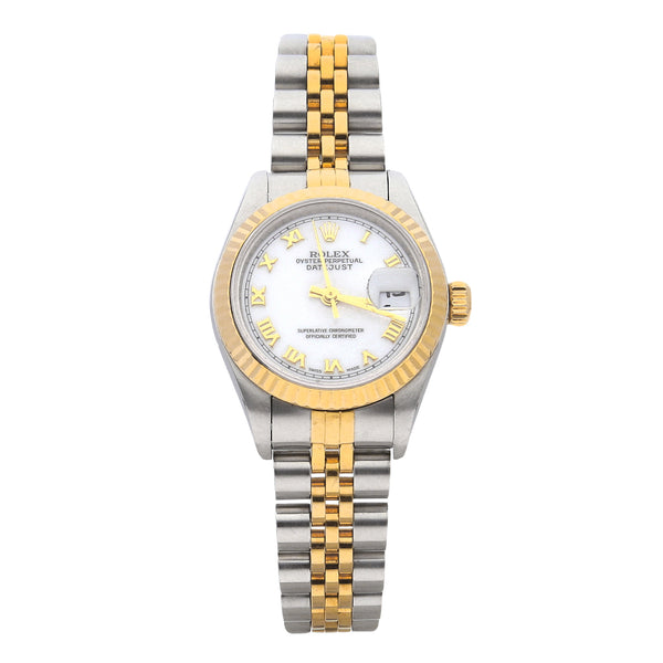 Reloj Rolex para dama modelo Oyster Perpetual DateJust vistas en oro amarillo 18 kilates.