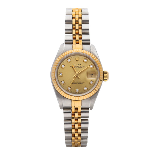 Reloj Rolex para dama modelo Oyster Perpetual DateJust vistas en oro amarillo 18 kilates.