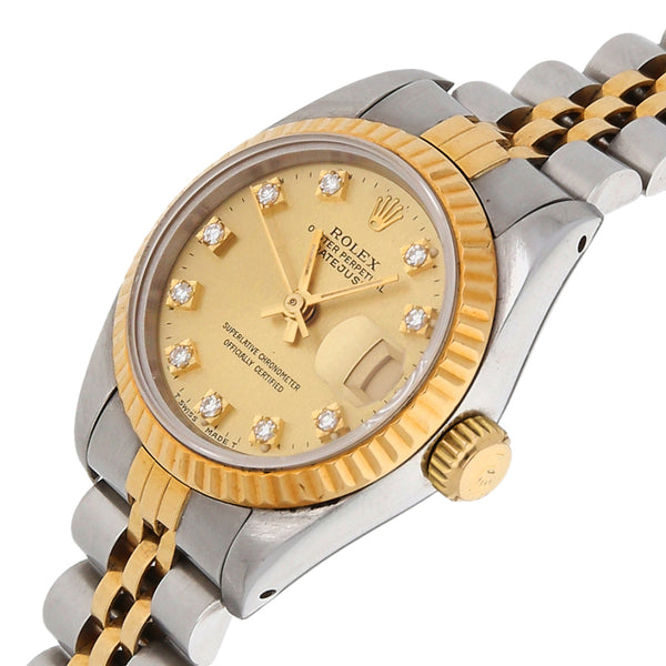 Reloj Rolex para dama modelo Oyster Perpetual DateJust vistas en oro amarillo 18 kilates.