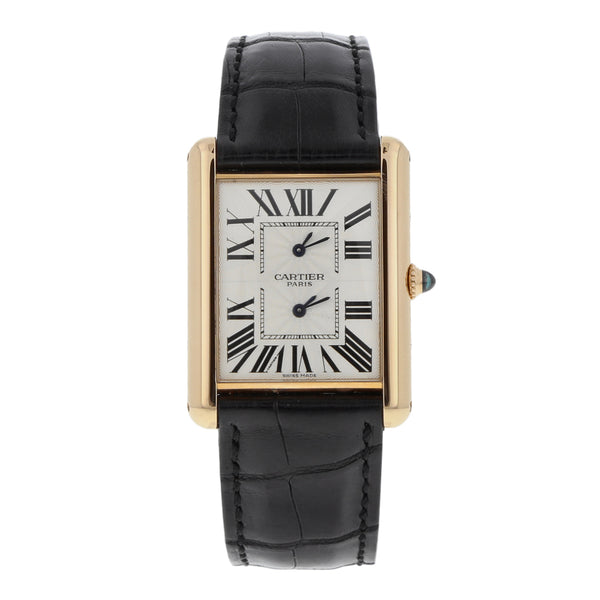 Reloj Cartier para caballero modelo Tank Dual Time caja en oro rosa 18 kilates.