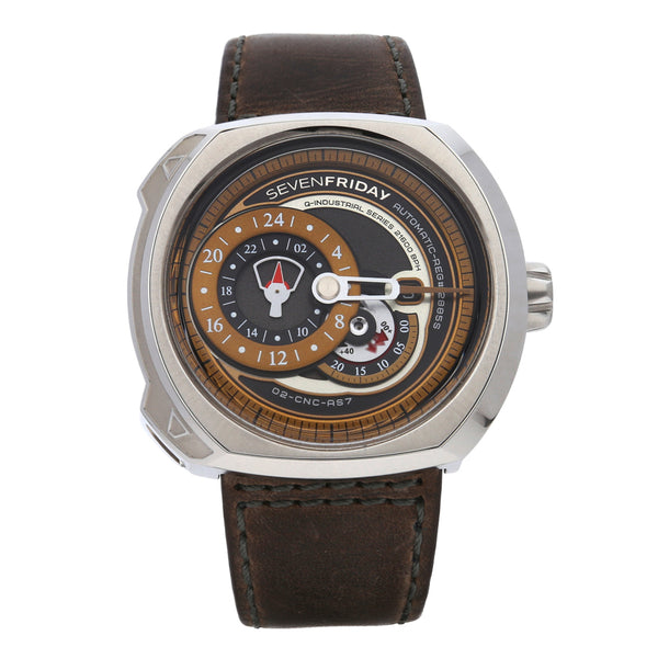 Reloj Sevenfriday para caballero caja acero inoxidable correa piel.