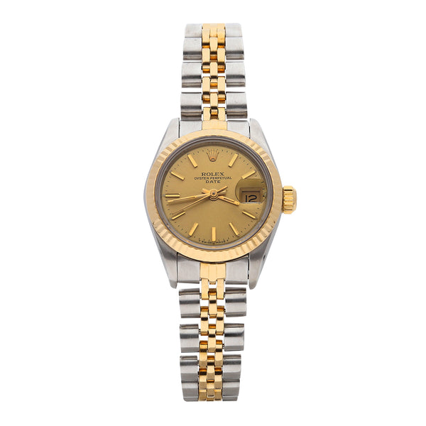 Reloj Rolex para dama modelo Oyster Perpetual Date vistas en oro amarillo 18 kilates.