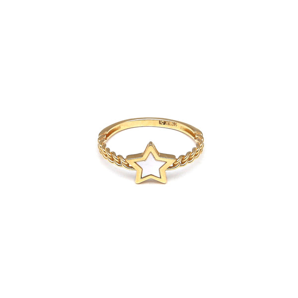 Anillo diseño especial motivo estrella con madre perla en oro amarillo 14 kilates.