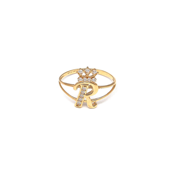 Anillo estilizado motivo letra R con corona y circonias en oro amarillo 14 kilates.