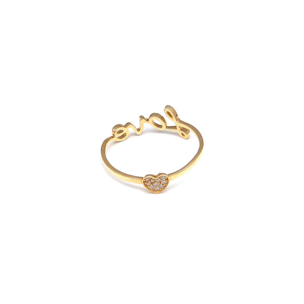 Anillo diseño especial motivo letras y corazón con circonias en oro amarillo 14 kilates.