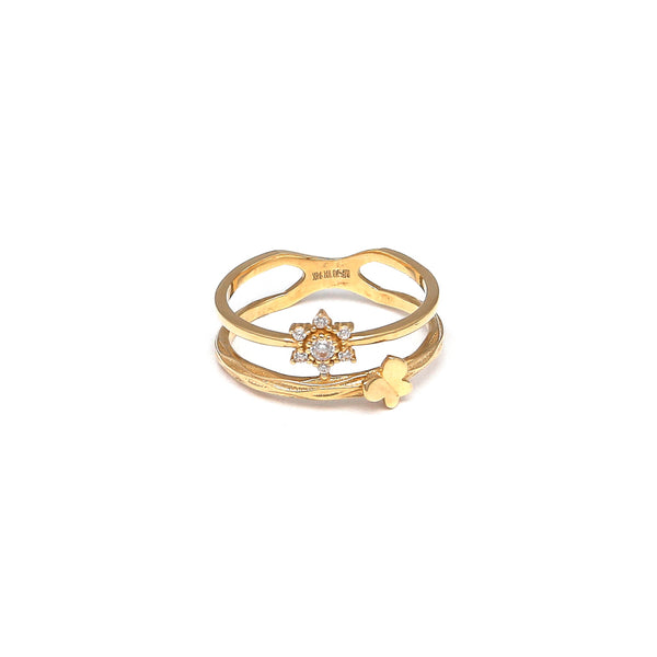 Anillo diseño especial motivo sol y mariposa con circonias en oro amarillo 14 kilates.