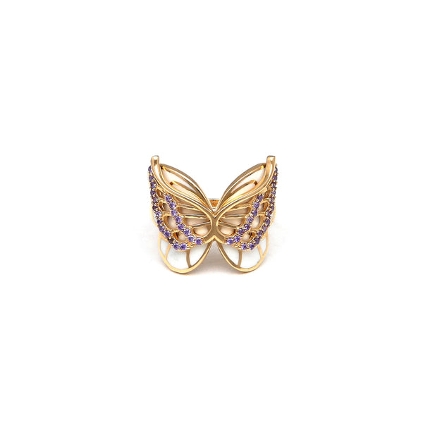 Anillo liso motivo mariposa con circonias y esmalte en oro amarillo 14 kilates.