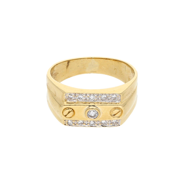 Anillo diseño especial motivo tornillos simulados con diamantes en oro amarillo 18 kilates.