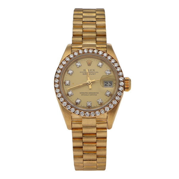 Reloj Rolex para dama modelo Oyster Perpetual DateJust en oro amarillo 18 kilates.