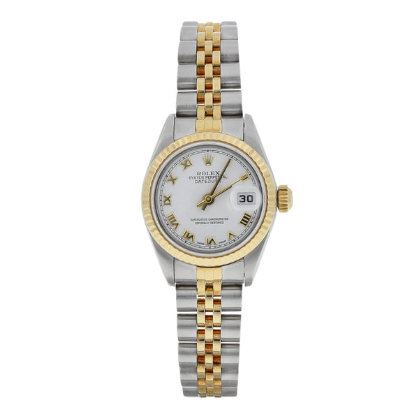 Reloj Rolex para dama modelo Oyster Perpetual DateJust vistas en oro amarillo 18 kilates.